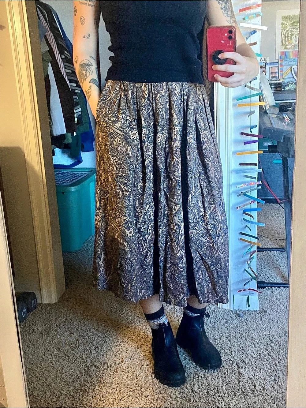 SAG HARBOR F82094 Paisley Midi Skirt in Black & Gold Size Small